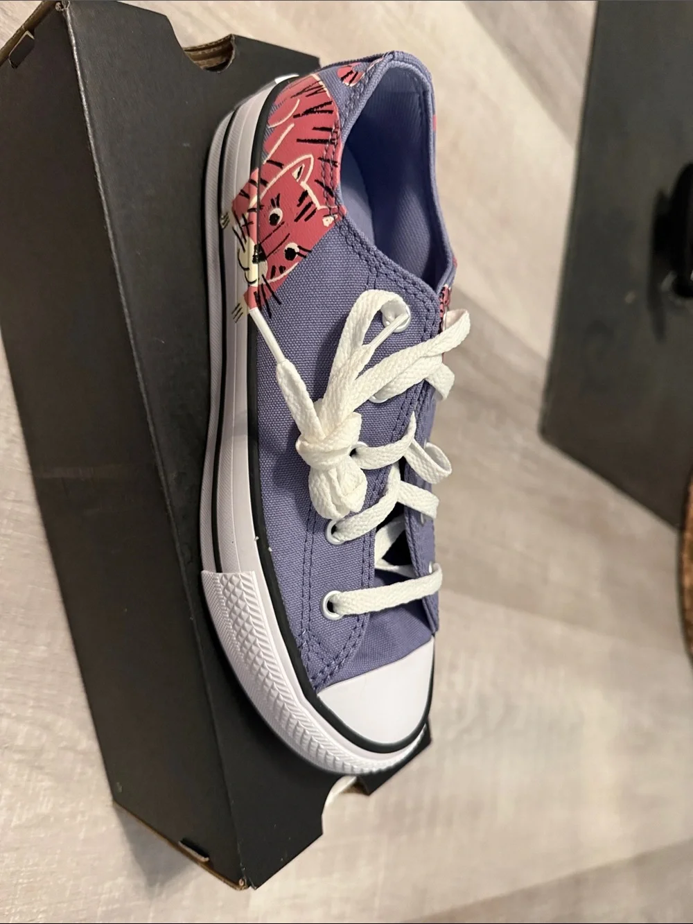 Converse Lavender Canvas Low-Top Sneakers with Pink Cat.